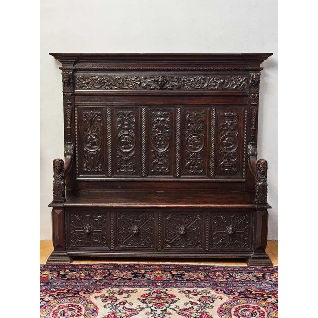Neo-Renaissance Carved Oak Bench For Sale - Image 11 of 11