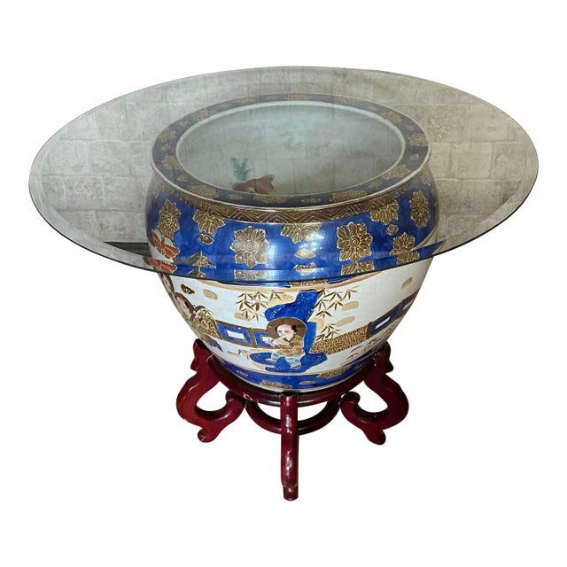 Mid 20th Century Large Hand‑Painted Asian Motif Fishbowl Table With Glass Top & Wood Stand For Sale