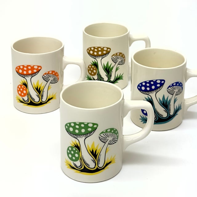 Vintage Colorful Bone China Mugs With Illustrative Mushroom Motif, Made in Japan - Set of 4 For Sale - Image 4 of 9