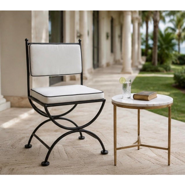 Vintage Turkish Powder-Coated Cast Iron Campaign-Style Vanity or Garden Chair With New Custom Cushions For Sale - Image 9 of 11