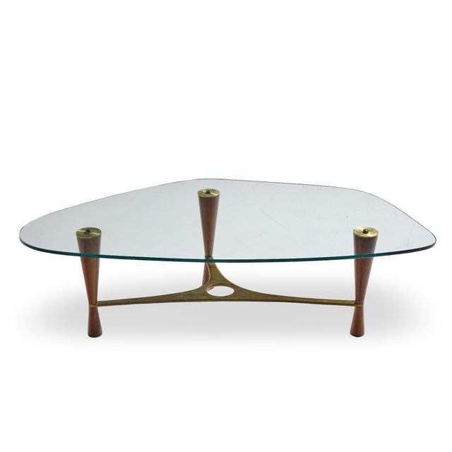 Edward Wormley for Dunbar Model 5309 Mid Century Brass and Rosewood Coffee Table This coffee table measures: 57.25 wide x...