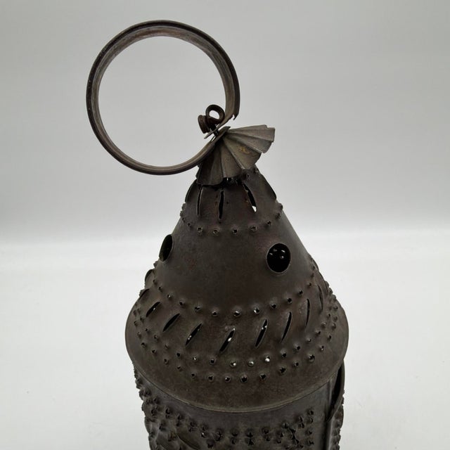 Farmhouse 19th Century American Hand Punched Tin Candle Lantern With Pinwheel Motif For Sale - Image 3 of 16