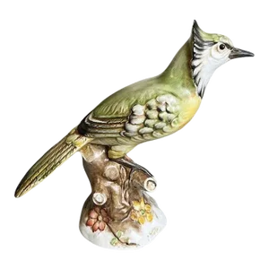 Mid 20th Century Italian Ceramic Hand Painted Bird Figurine in Green and Yellow - Made in Italy