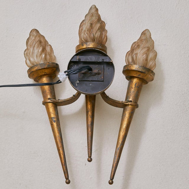 1960s French Gilt Metal Torch Sconces with Glass Shades No. 01 - a Pair For Sale In Chicago - Image 6 of 6