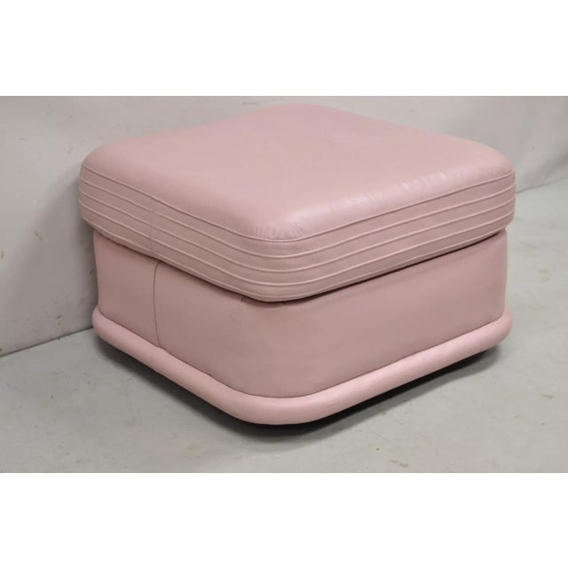 Vintage Mid Century Post Modern Emerson Leather Bubblegum Pink Stitched Square Ottoman Stool. Item features small wooden...