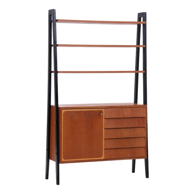 Mid-Century Vintage Teak Bookshelf with 5 Drawers and Door For Sale