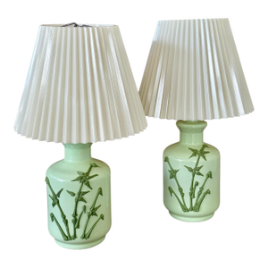 Pair of Vintage Mint Green Table Lamps With Raised Bamboo Motif and Original Pleated Shades