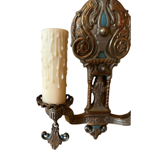 1920s Pair of 1920's Original Polychrome Paint on Brass and Silverplate Double Sconces For Sale - Image 5 of 6
