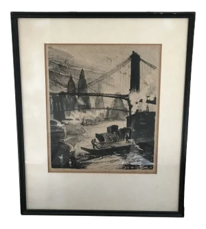 19th Century "Brooklyn Bridge" Lithograph Print by Margret Hars Swanson, Framed