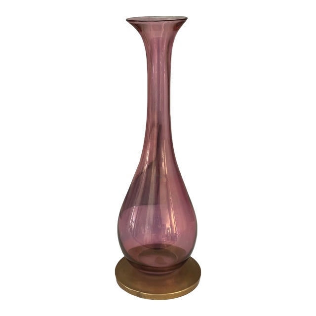 Mid-20th Century Rainbow Art Glass Cranberry Pink Vase With Gilt Base For Sale