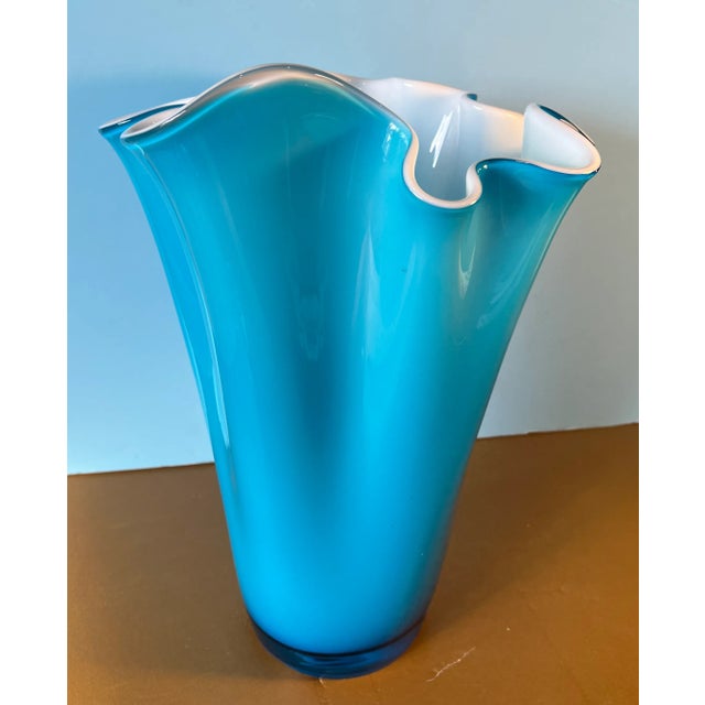 Contemporary Vintage 16-In. Tall Art Glass Handkerchief Sky Blue Vase With White Cased Glass Interior For Sale - Image 3 of 12