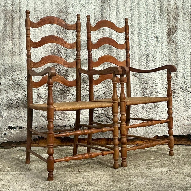 Vintage Coastal Ladderback Rush Seat Chairs - a Pair For Sale - Image 4 of 7