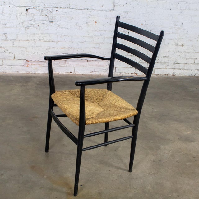Gio Ponti Mid-20th Century Italian MCM Ladderback Armchair Black Frame With Rush Seat Manner of Gio Ponti For Sale - Image 4 of 18