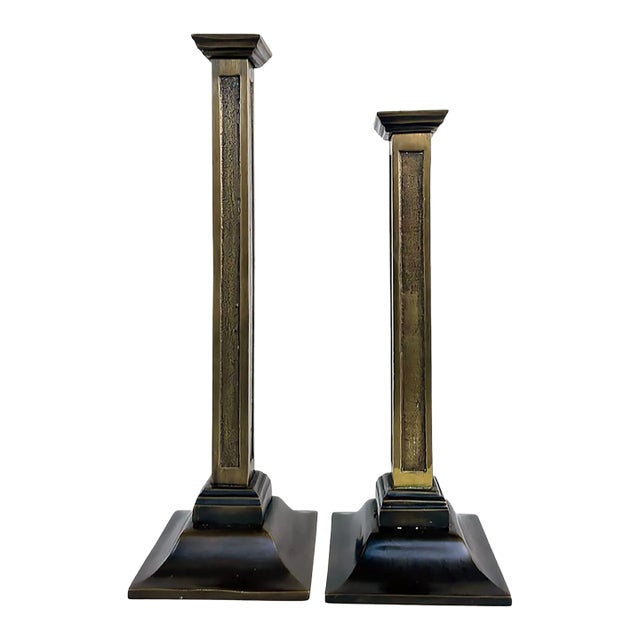Vintage Sarreid Ltd. Attribed Bronze Column Candlesticks, Set of 2 For Sale