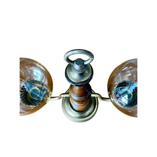 Vintage Brass and Wood Candelabra With Two Hurricane Glass Shades For Sale - Image 14 of 18