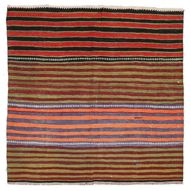 Textile Mid 20th Century Square Striped Vintage Kilim Rug For Sale - Image 7 of 7