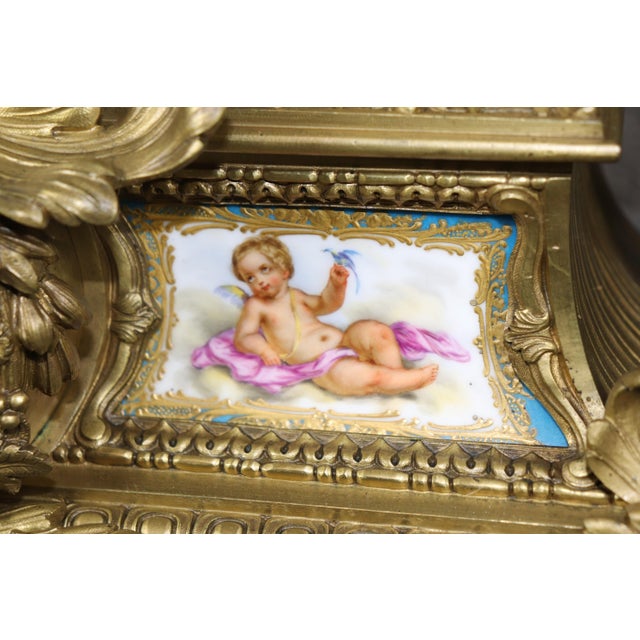 Fine Quality French Bronze Sevres Style Figural Placques Adorned Mantel Clock For Sale - Image 9 of 15
