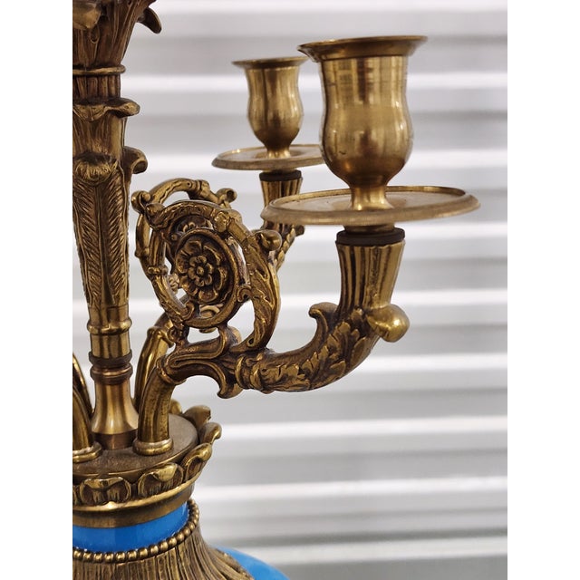 Antique French Blue Opaline Glass & Bronze Candelabra Table Lamp For Sale - Image 9 of 16