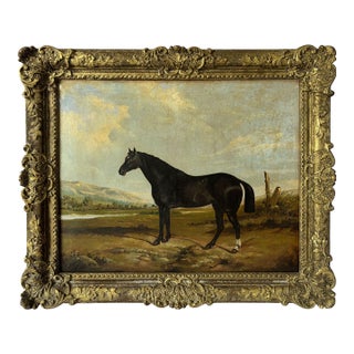 19th Century "Black Hunter in a Landscape" Equestrian Antique Horse Painting Oil on Canvas For Sale