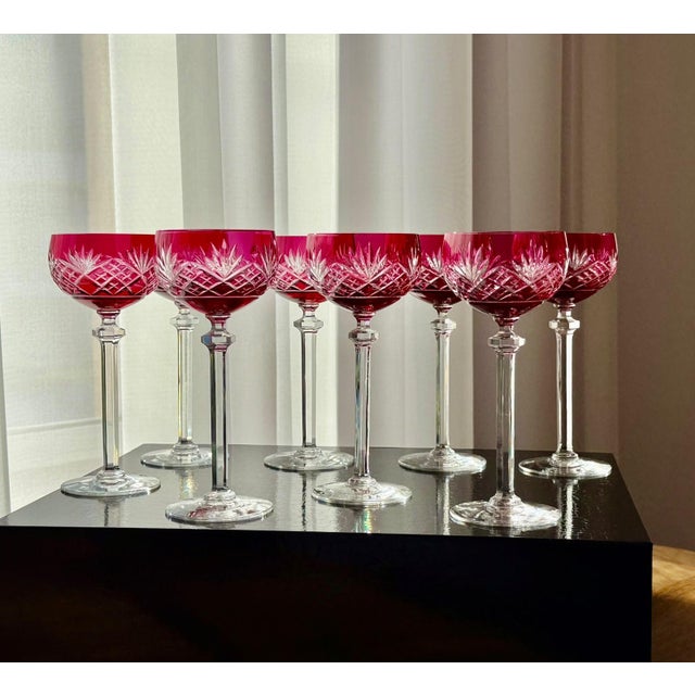 Glass Ruby Cut-to-Clear Crystal Cordial Glasses attributed to Val Saint Lambert, 1950, Set of 8 For Sale - Image 7 of 18
