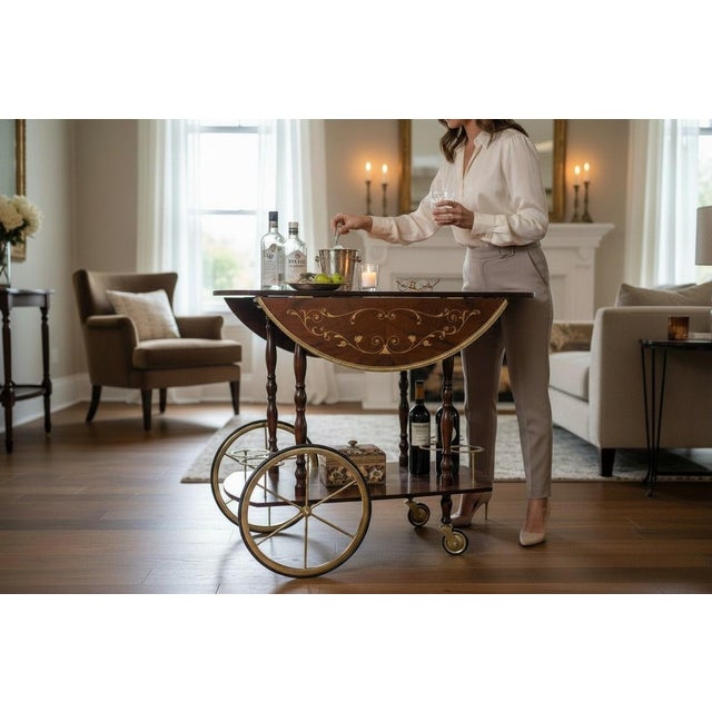Mid 20th Century Vintage Italian Marquetry Bar/Tea or Server Cart With Inlaid Wood and Two Drop Leaves, Mid-Century For Sale - Image 5 of 17