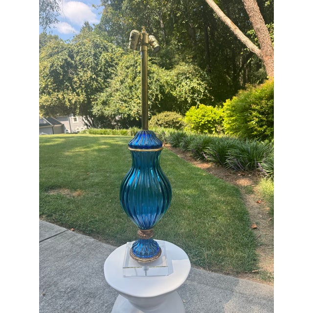 Mid-Century Modern Marbro Vintage Murano Glass Table Lamps – Blue For Sale - Image 3 of 12