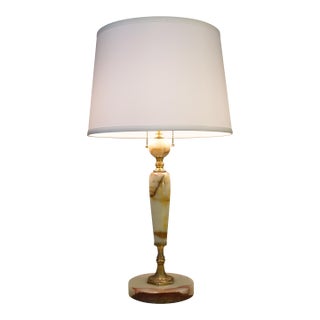 1930s French Art Deco Neoclassic Green Banded Onyx Marble Bronze/Brass Table Lamp For Sale