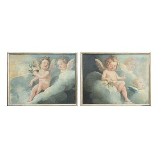 Unknown, Cherubs in Joyful Poses, 1800s, Oil on Canvas, Set of 2, Framed For Sale