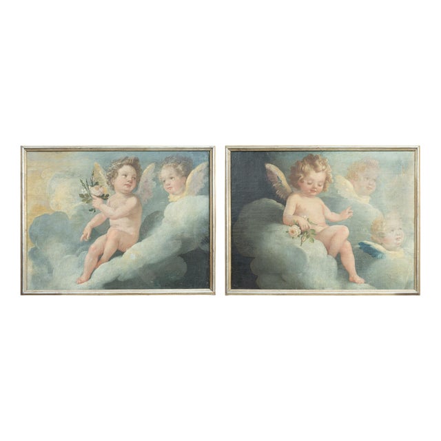 Unknown, Cherubs in Joyful Poses, 1800s, Oil on Canvas, Set of 2, Framed For Sale