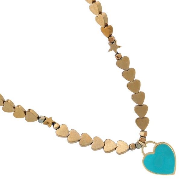 Turquoise Azure Heartbeat Gold Necklace For Sale - Image 8 of 10