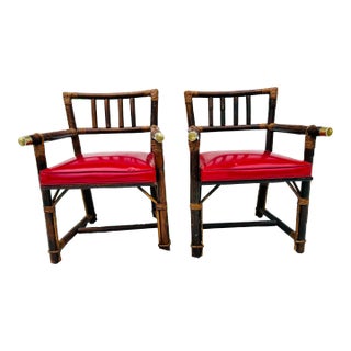 1980s Asian Style Red Vinyl Bamboo Chairs Set of 2 For Sale