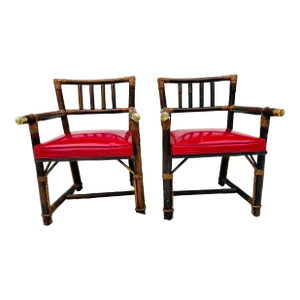 1980s Asian Style Red Vinyl Bamboo Chairs Set of 2