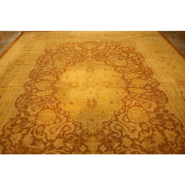 Textile 1890s Antique Gold Open Field Medallion Knotted Wool Indian Agra Decorative Rug For Sale - Image 7 of 9
