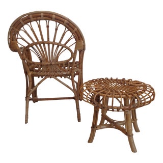 Set of Peacook Armchair and Ottoman in Wicker and Bamboo attributed to Franco Albini, 1960s For Sale