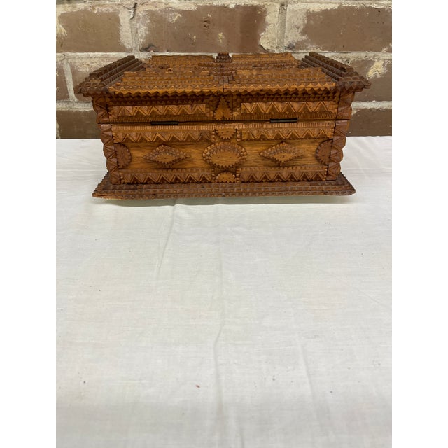 Brown Antique Early 20th Century Layered Tramp Art Folk Art Box With Floral Liner For Sale - Image 8 of 8