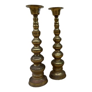1960s Mid Century Japanese Brass Candlestands Pair Buddhist Tall Metal Vintage Shokudai For Sale