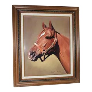 Signed Offset Lithograph by Jerry Puleo of 1973 Triple Crown Winner Secretariat in Walnut Frame For Sale