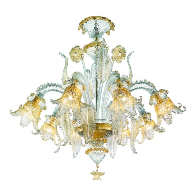 Luxury Italian Clear and Gold-Leaf Chandelier With Flowers and Leaves Murano Glass For Sale