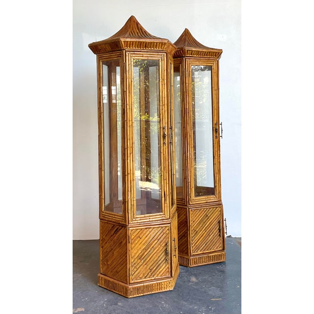 Mid-Century Modern Vintage Pagoda Split Rattan Tall Cabinets - A Pair For Sale - Image 3 of 12