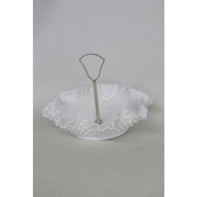 Mid 20th Century Mid 20th Century Fenton White Milk Glass Ruffled Edge Hobnail Candy Dish With Metal Handle For Sale - Image 5 of 14
