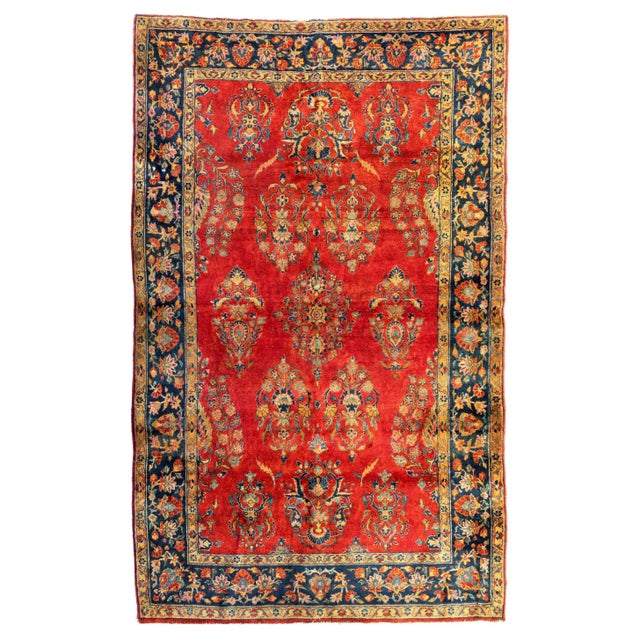 1920s 1920s Persian Red Gold Navy Manchester Wool Kashan Small Area Rug For Sale - Image 5 of 5