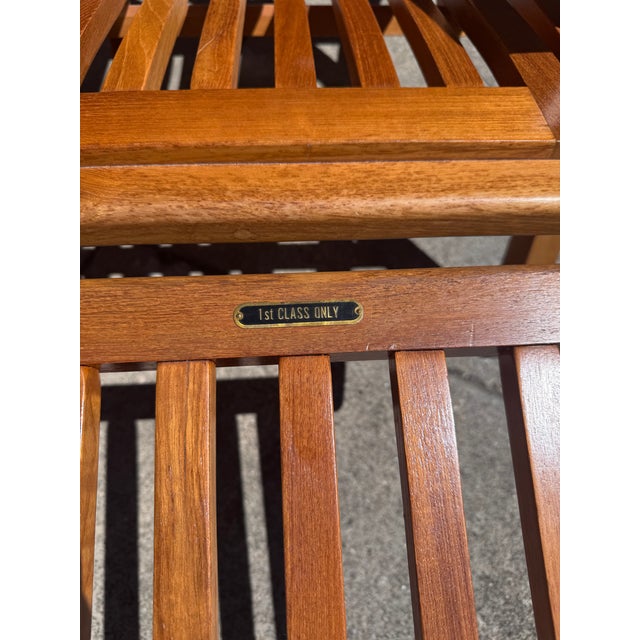 Late 20th Century Late 20th Century Pair of Folding Teak Deck Chairs With Queen Elizabeth, 1st Class Only Label For Sale - Image 5 of 16