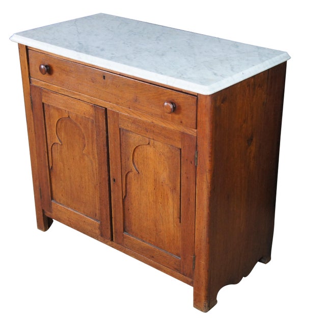 Victorian Antique American Victorian Oak & Marble Washstand Bedside Table Vanity Cabinet For Sale - Image 3 of 13
