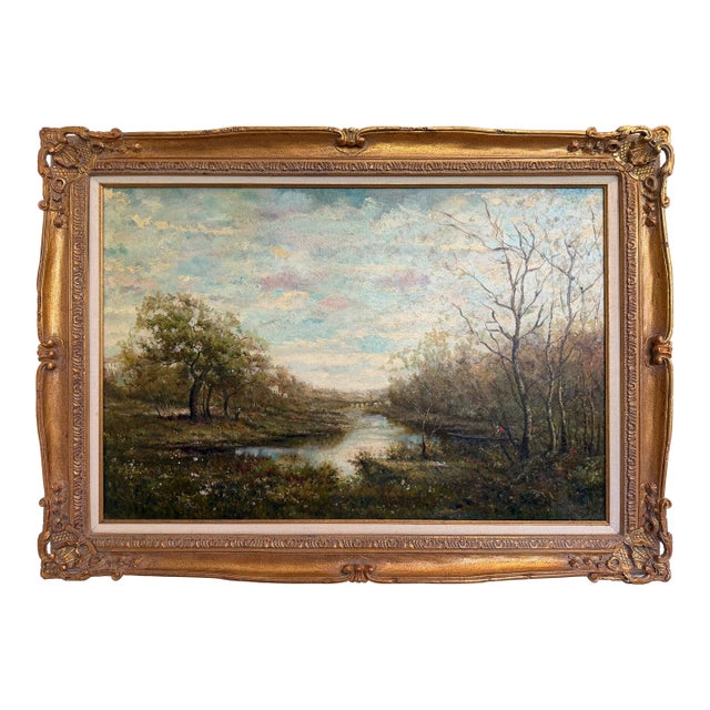Large Vintage Oil Painting River Landscape Signed E. Lawson, Gold Ornate Frame For Sale