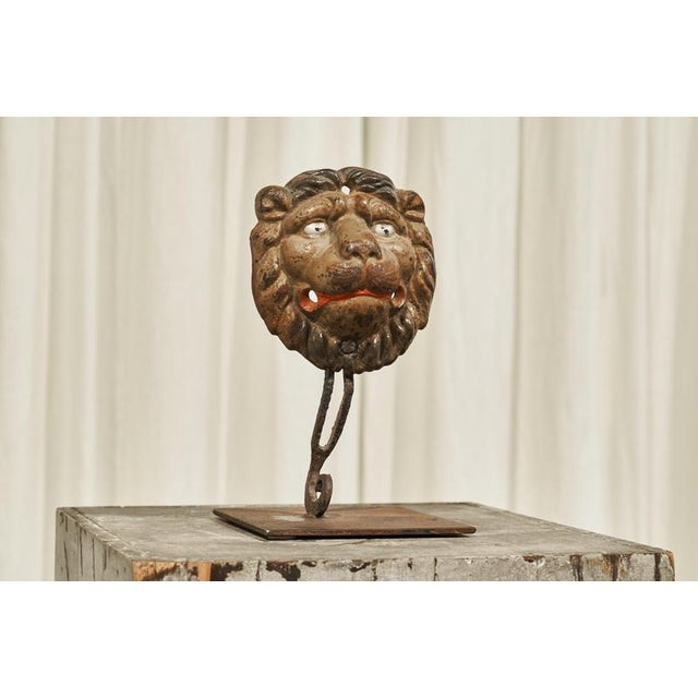 Antique Lions Head in Polychrome and Cast Iron on Stand, 1890s For Sale - Image 4 of 11