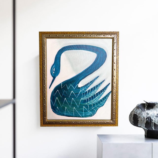 Original Blue Swan Painting in Ornate Gold Studded Frame, Oil on Canvas, 13" X 16" by Tatiana Duperault For Sale - Image 4 of 4