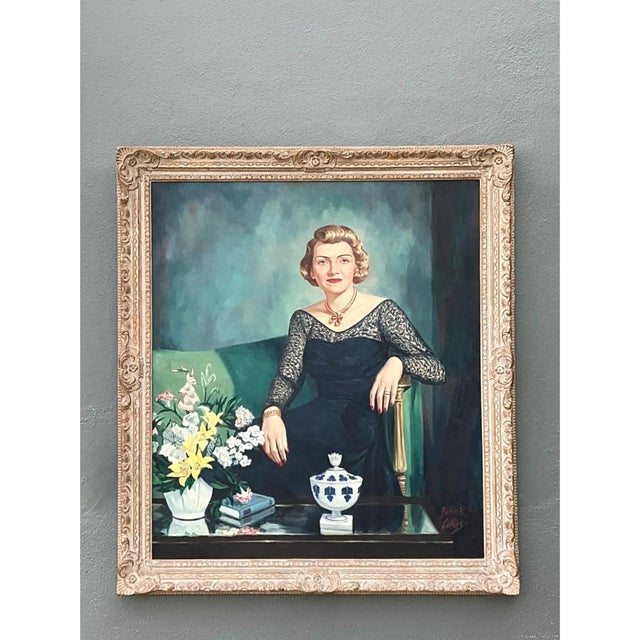 Mid-Century Modern Vintage Portrait Painting on Canvas For Sale - Image 3 of 12