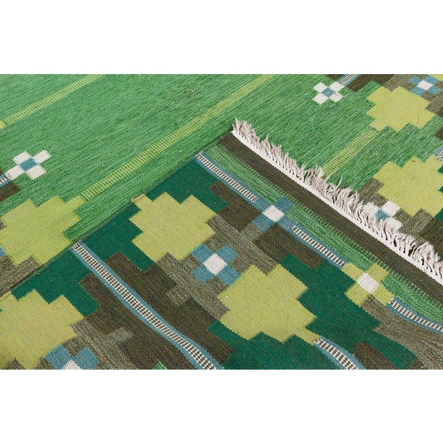 Green Doris Leslie Blau Vintage Swedish Rug in Lush Greens and Geometric Patterns For Sale - Image 8 of 8
