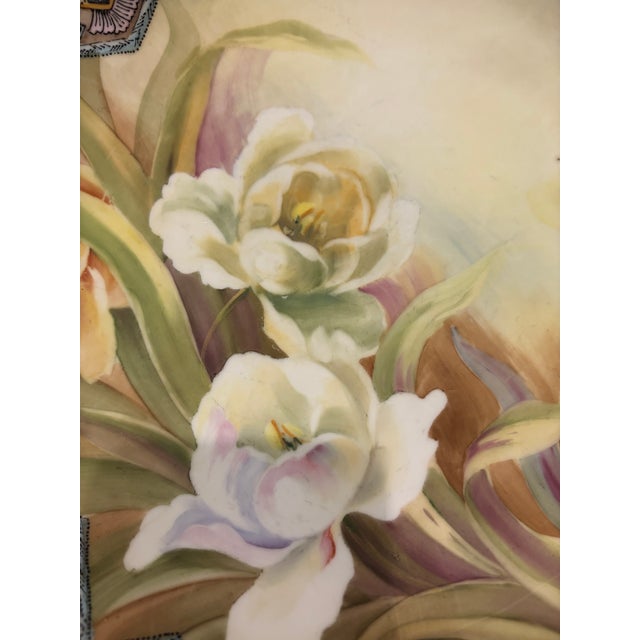 Vintage Japanese Hand-Painted Floral Cabinet Plate With Raised Relief Border For Sale - Image 4 of 5