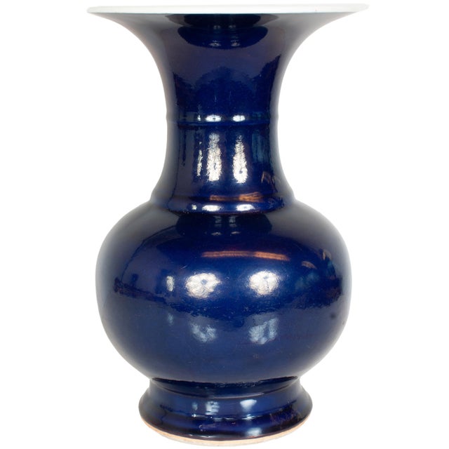 Mid 18th Century Large Antique Chinese Qing Dynasty Powder Blue Porcelain YenYen Shaped Vase 1850 For Sale - Image 5 of 12